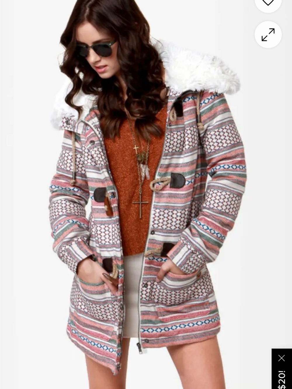 NEW Roxy Chestnut Way Aztec Print Duffle Coat - Faux Fur Hood, Wooden Toggles, L
